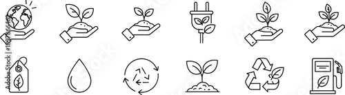 Eco sustainability icon set, green energy environment symbols, recycling nature care, renewable resources concept, organic growth, clean technology, vector illustration