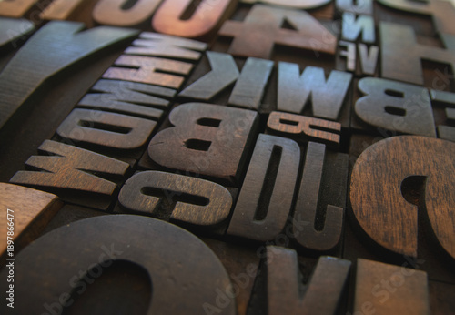 Wooden letterpress printing blocks in closeup