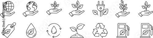 Eco sustainability icon set, green energy symbols, renewable resources, nature protection, recycling concept, organic growth, clean technology, vector illustraewable resources, nature protection, re