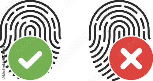 Fingerprint authentication approved and rejected icons, biometric security verification concept, access control symbols, identity protection, modern vector illustration