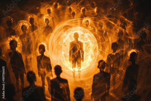 Abstract glowing human figures in circular formation.