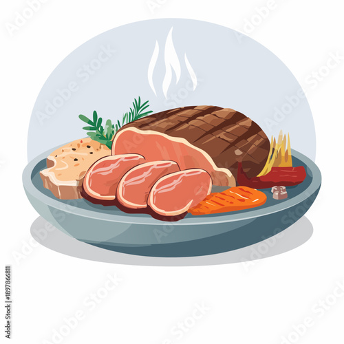 Roasted Meat Dish with Garnishes in Plate Illustration