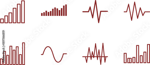 Minimal data analytics icons set, bar charts and line graphs, financial statistics symbols, business dashboard elements, isolated vector illustration
