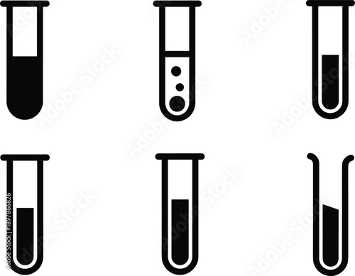 Laboratory test tube icons set, chemistry liquid containers, medical research equipment symbols, scientific experiment tools, minimal vector illustration