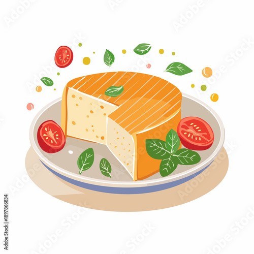 Flat Vector Illustration of Cheese, Tomato and Basil on Plate