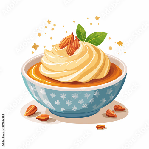 Bowl of Dessert with Swirled Cream, Almonds, and Green Leaves