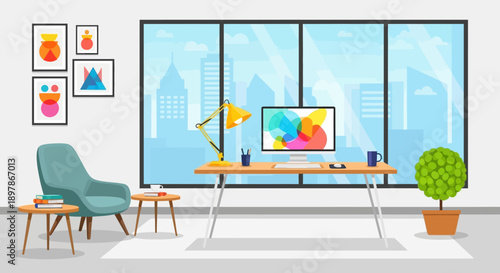 Modern Office Workspace with Desk and Chair Near Large Window Overlooking Cityscape