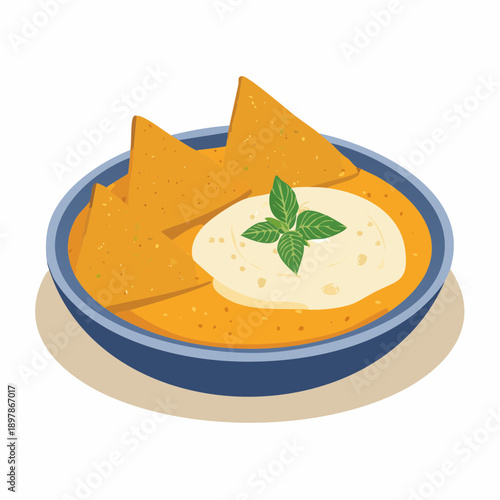 Flat Vector Illustration of Nachos with Cream and Herbs