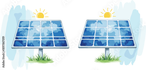 Solar panel illustration, renewable energy system, clean power generation, eco technology concept, sustainable electricity, green environment, sun powered, vector design
