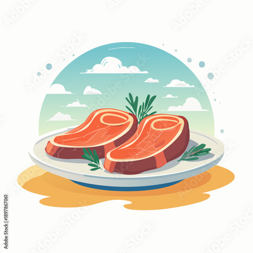 Flat Vector Illustration of Grilled Steaks on a White Plate
