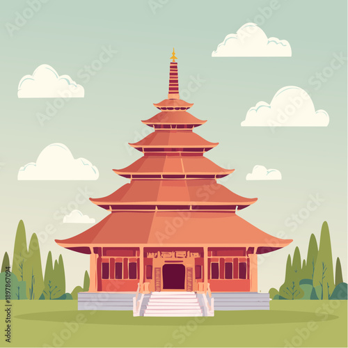Flat Vector Illustration of a Traditional Asian Temple
