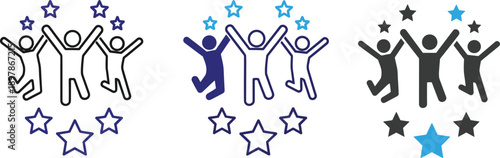 Team success icon set, group achievement celebration, star rating performance, motivation concept, business teamwork, employee recognition, vector illustration