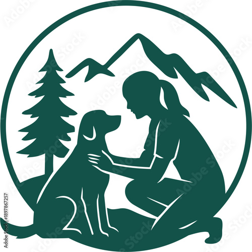 illustration of a woman with her dog outdoors, green