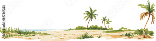 Tropical beach desert oasis landscape with palm trees, sandy dunes, coastal vegetation, summer travel background, minimal nature vector illustration