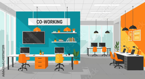 Modern co-working office space with desks, computers, and meeting areas in a bright and airy environment viewed from a slight angle