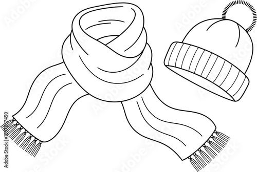 Simple black and white line art illustration featuring a cozy knit winter hat paired with a long fringed scarf suitable for cold weather activities.