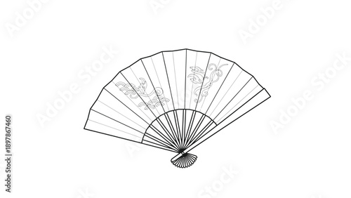 Black and white line art illustration depicting a traditional Japanese folding hand fan decorated with delicate wave and stylized dragon motifs centered against a white background.