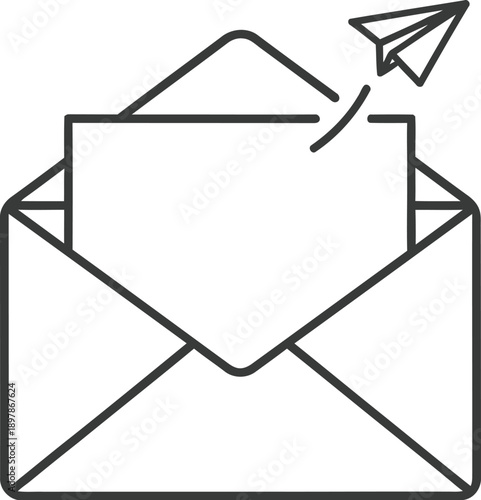 Line art icon depicting an open envelope with a paper airplane emerging symbolizing digital message sending or fast mail delivery concept
