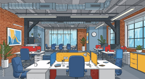 Modern office space with sleek furniture and high ceilings viewed from the entrance