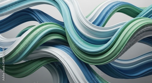 Swirling abstract shapes of blues, greens and white in fluid motion