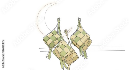 Three ketupat hanging before a crescent moon, drawn in light, minimalist style