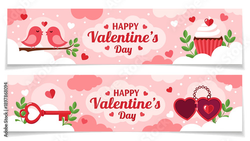 Happy Valentines Day banners with romantic symbols.