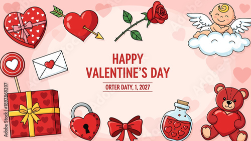 Happy Valentines Day Collection of Symbols and Gifts.