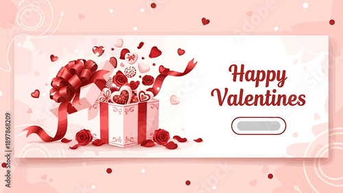 Happy Valentines Day Gift Box Overflowing with Hearts and Roses.