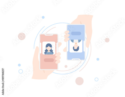 マッチングアプリで成立した男女のスマホのベクターイラスト 。婚活･恋活･カップル。パステルカラー