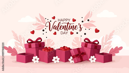 Happy Valentines Day Gift Boxes Hearts and Flowers Decoration.