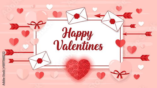 Happy Valentines Day Greeting Card with Hearts and Envelopes.