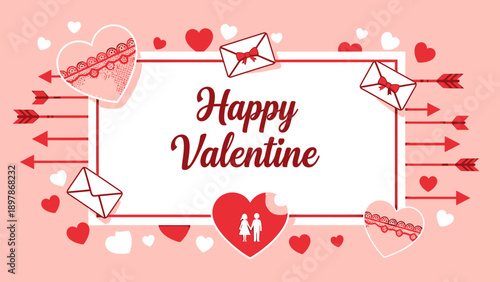 Happy Valentines Day greeting card with hearts and envelopes.