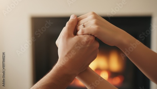 Wallpaper Mural Couple's hands clasped together in warmth by a cozy fireplace indoors Torontodigital.ca