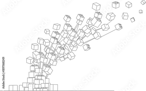 Abstract line art illustration depicts a dynamic explosion or collapse of connected building blocks forming a rising structure against a clean white background space.