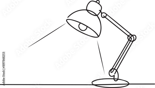 Continuous line drawing of a desk lamp with adjustable arm on a table, viewed from the side in a minimalist style