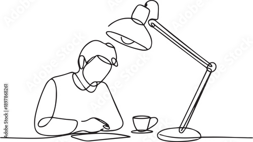 Man working on project under desk lamp illustration