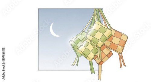 Woven rice pouches hang against a night sky with a crescent moon illustration