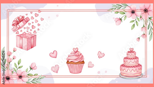 Pink cupcake and cake with hearts and gifts for celebration.