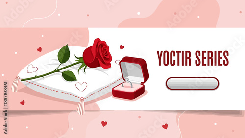 Red Rose and Diamond Engagement Ring on Pillow.