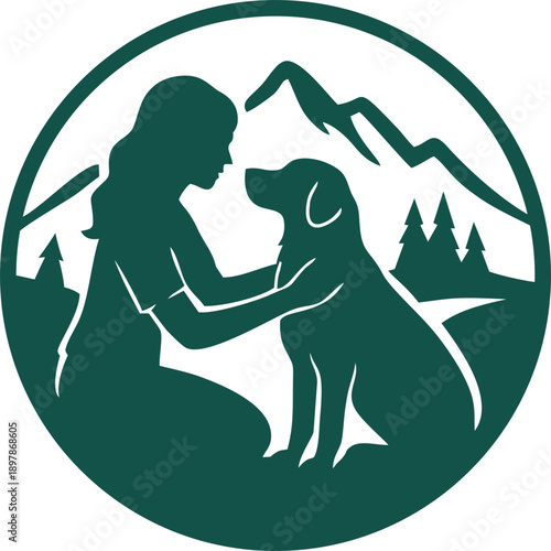 illustration of a woman with her dog outdoors, green