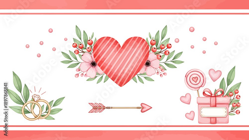 Valentines Day decorative elements with heart and rings.