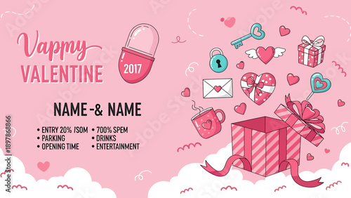 Valentines Day Gift Box with Hearts and Keys.