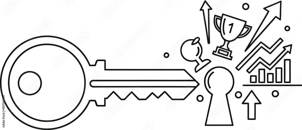 Obraz premium Outline drawing illustrating the concept of finding the key to unlocking success achieving goals represented by trophies and rising business growth charts
