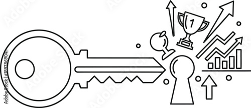 Outline drawing illustrating the concept of finding the key to unlocking success achieving goals represented by trophies and rising business growth charts