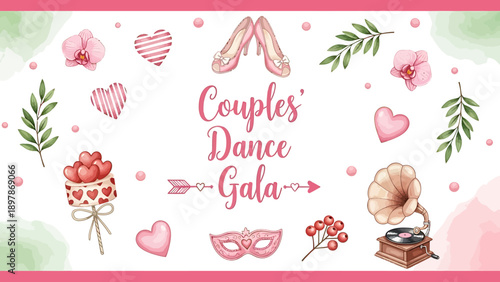 Couples Dance Gala Event Celebration with Romantic Decorations.