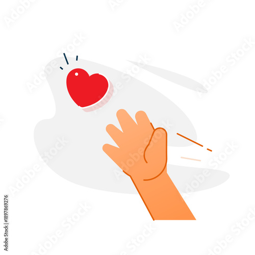 Vector illustration of hand gesture throwing heart. giving like, love, appreciation. Concept of social media engagement, positive reaction, support, and emotional connection. for digital marketing