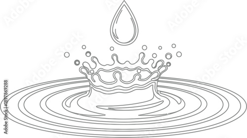 Simple black and white line art illustration capturing the dynamic moment a single water drop impacts a liquid surface creating an elegant crown splash.