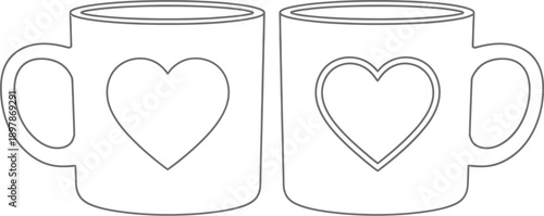 Outline drawing of two matching ceramic coffee mugs adorned with simple heart shapes perfect for romantic beverage moments or coloring activities.