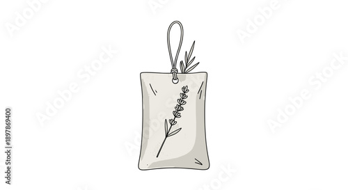 Illustration of a dried herb sachet with sprig design isolated on a white background, featuring a minimalist style and soft color palette