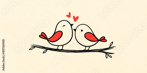 Hand drawn lovebirds with hearts for Valentine design